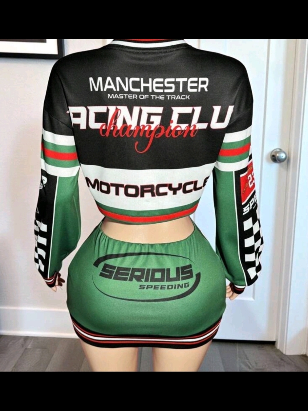 Green Two-Piece Racing Crop Jacket & Mini Skirt Set - Picture 2 of 3